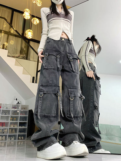 Retro High Waist Loose Straight Pocket Jeans