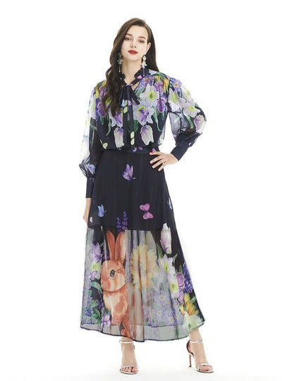 Printed Long Skirt Lotus Leaf Collar Suit