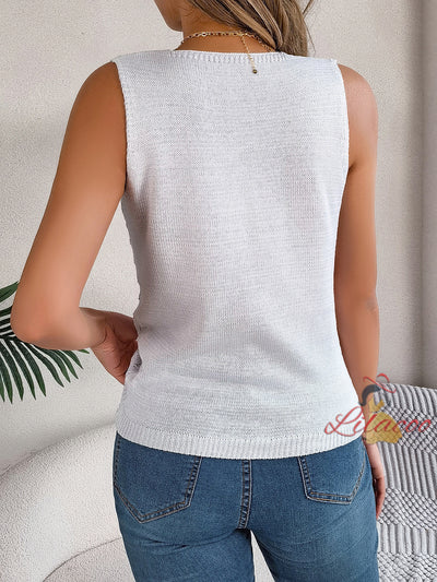 Button V-neck Hollow Sleeveless Sweater