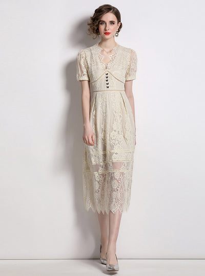 Retro Bubble Sleeve Lace Dress