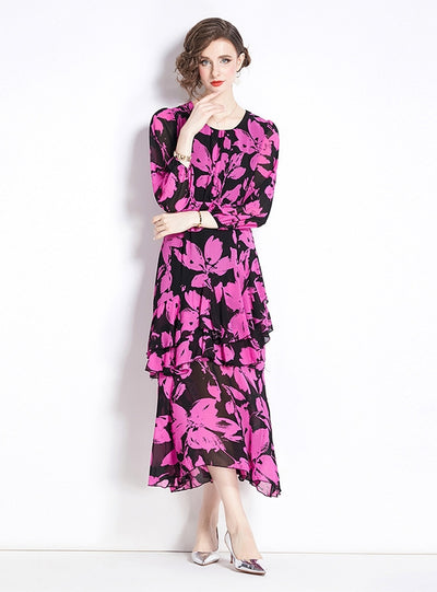 Retro Printed Chiffon Slim Ruffled Dress