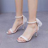 7 cm White Beaded Ribbon Stiletto Sandals