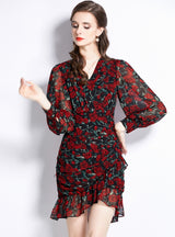 Long Sleeve V-neck Printed Chiffon Dress