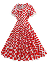 Women Short Sleeve Checkerboard Red Dress