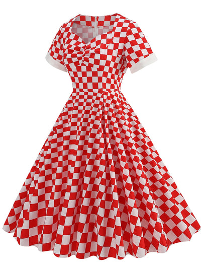 Women Short Sleeve Checkerboard Red Dress