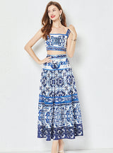 Porcelain Printed Top+Pleated Skirt Two-Piece Suit