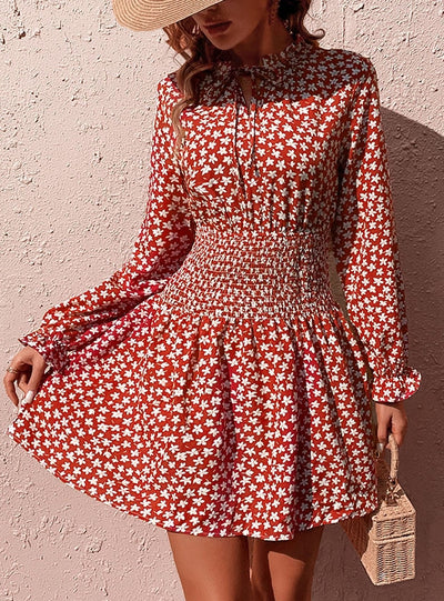 Long Sleeve Tie Waist Printed Dress