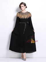 Heavy Industry Beaded Lantern Sleeve Pleated Dress