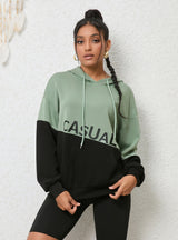 Contrast Hooded Round Neck Pullover Long Sleeve Top