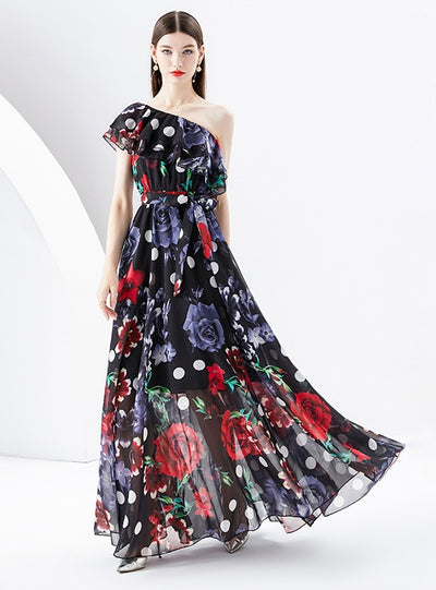 One Shoulder Chiffon Print Dress