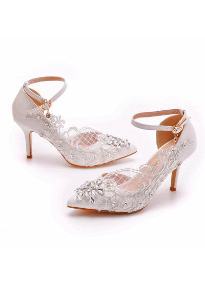 Thin-heeled Pointed White Lace Diamond Wedding Shoes