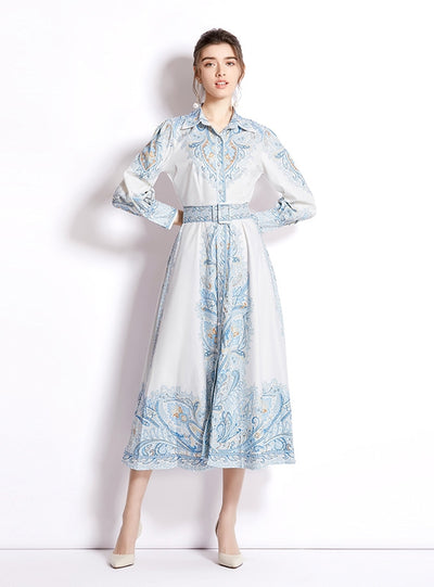 Printed Long Sleeve High Waist Slim Dress