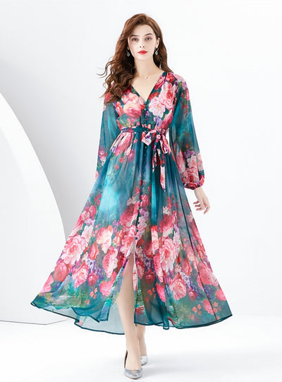 V-neck Lantern Sleeve Printed Dress