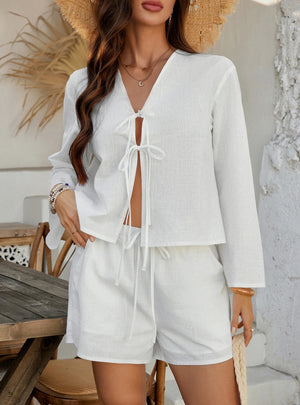 Solid Color Long Sleeve Top Short Pants Suit