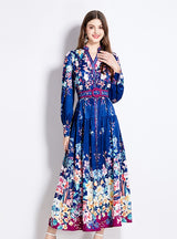 Retro Printed Shirt Lantern Long Sleeve Dress