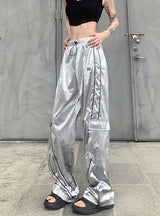 Pocket Silver Glossy High Waist Slacks