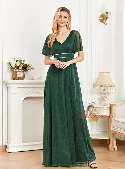 Green V-neck Short Sleeve Prom Dress