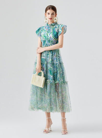 Lotus Leaf Elastic Gauze Printed Big Swing Dress