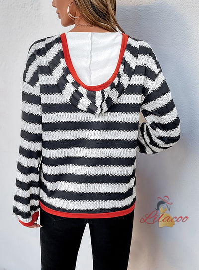 Black and White Striped Pullover Hooded Casual Top