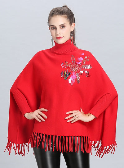 Sequins High Collar Fringed Bat Shirt Cloak Coat