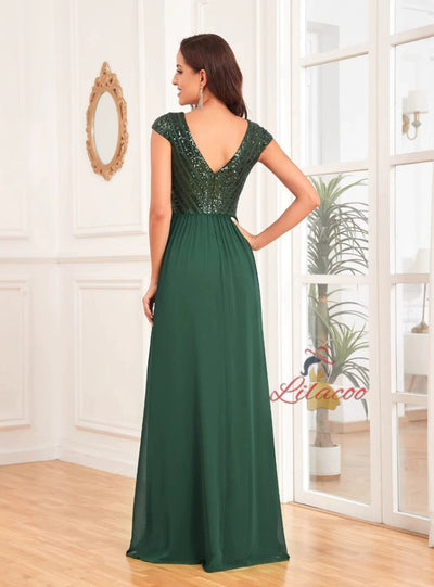 Green Chiffon Sequins V-neck Prom Dress