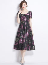 Purple Square Collar Jacquard Dress