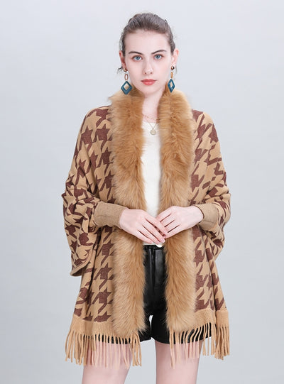 Shawl Houndstooth Fur Collar Fringed Shawl