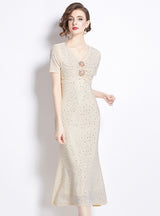 V-neck Rhinestone Slim Fishtail Dress