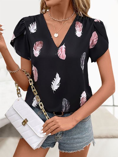 V-neck Feather Print Shirt