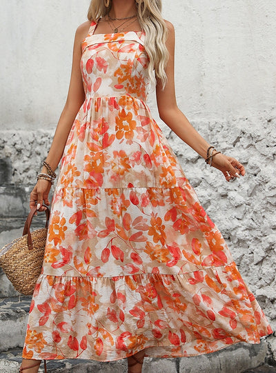 Open-back V-neck Sling Floral Dress