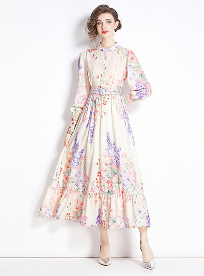 Retro Printed Long Sleeve Floral Dress