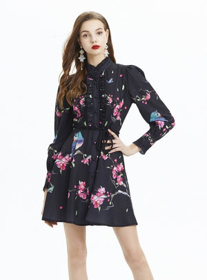 Printed Long-sleeved Ruffled Dress