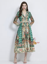 Retro Holiday Style Suit Collar Printed Long Sleeve Dress