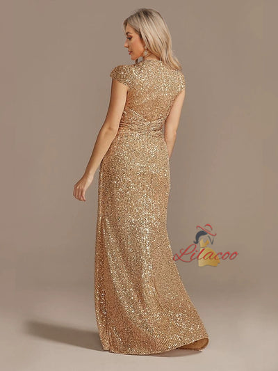 Sexy V-neck Sequins Cap Sleeve Prom Dress