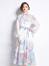 Long-sleeved Colorful Cake Flowers Dress