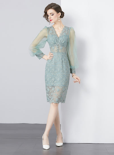 Lace V-neck Long Sleeve Slim Dress