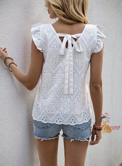 Lotus Leaf V-neck White Hollow Shirt