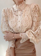 Loose Button Lace Hollow Long Sleeve Shirt