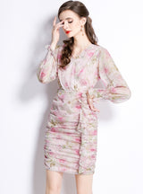 V-neck Ruffled Long-sleeved Floral Chiffon Dress