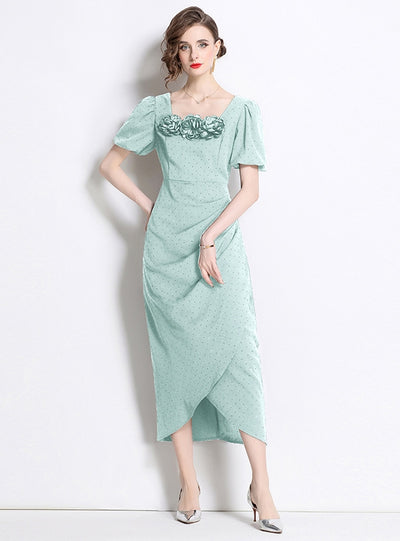 Square Collar Three-dimensional Flower Slim Short-sleeved Dress