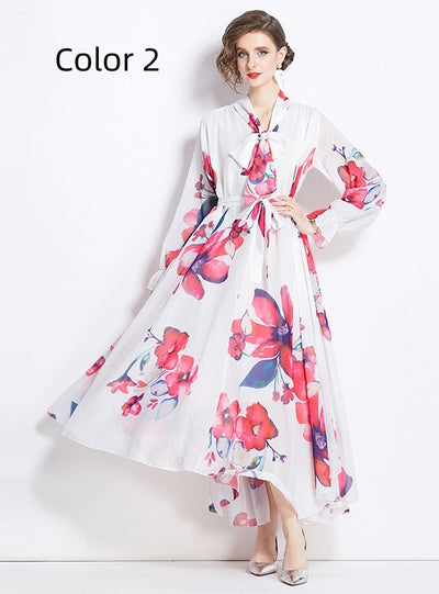 Retro Chiffon Printed Long-sleeved Big Swing Dress