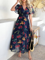 Bohemian Deep V Chiffon Printed Short Sleeve Dress