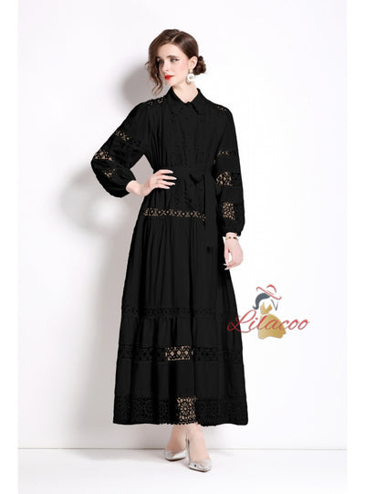 Fashion Lapel Stitching Lace Lantern Sleeve Dress