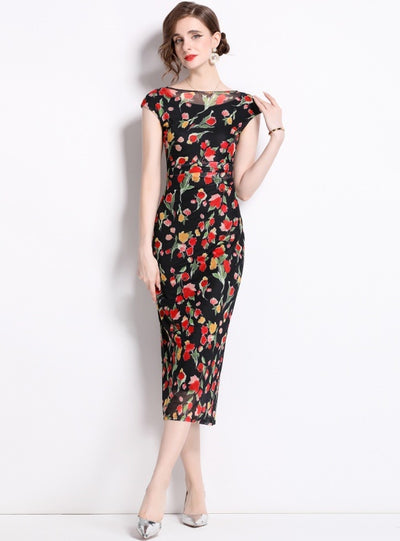 Retro Fishtail Print Medium Long Dress