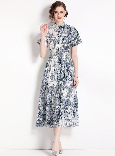 Slim-fit Printed Short-sleeved Shirt Dress