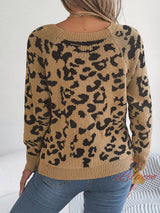 Square Collar Button Leopard Long Sleeve Sweater