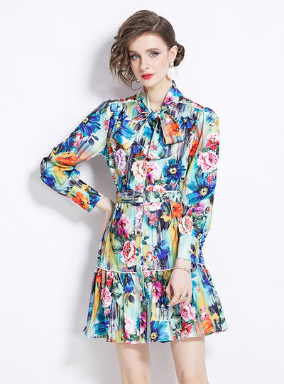 Retro Printed Slim Long-sleeved Dress