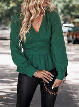 Solid Color Long Sleeve V-neck Shirt