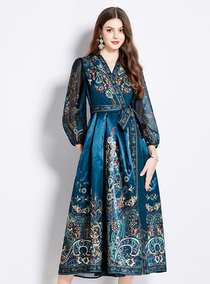 V-neck Long Sleeve Printed Lace-up Long Dress