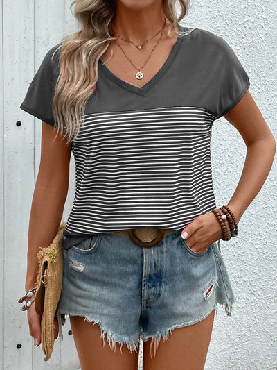 V-neck Striped Stitching Top T-Shirt